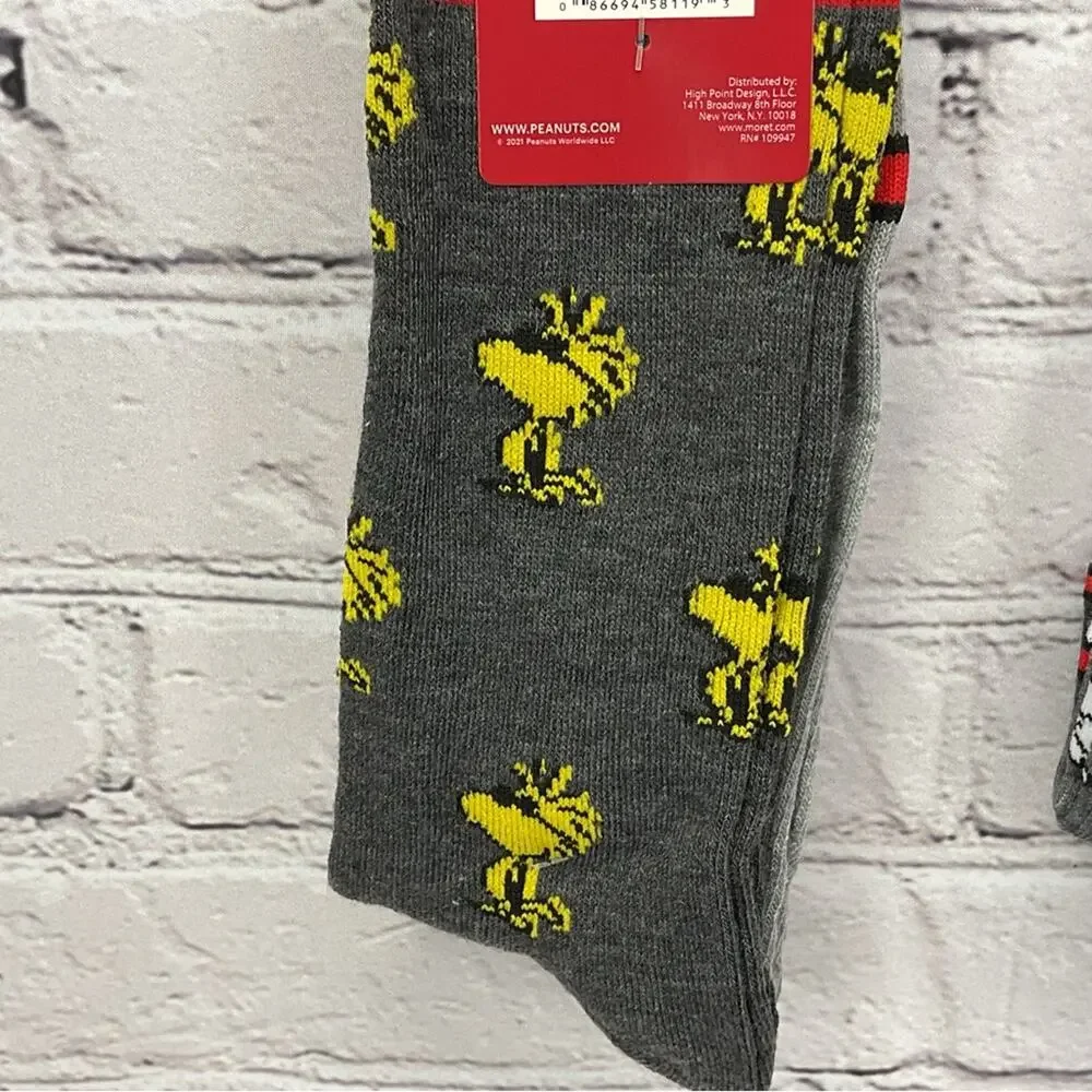Peanuts Snoopy Woodstock Crew Socks 4 Pair Mens Shoe Size 6.5 -12 Gray/White/Red